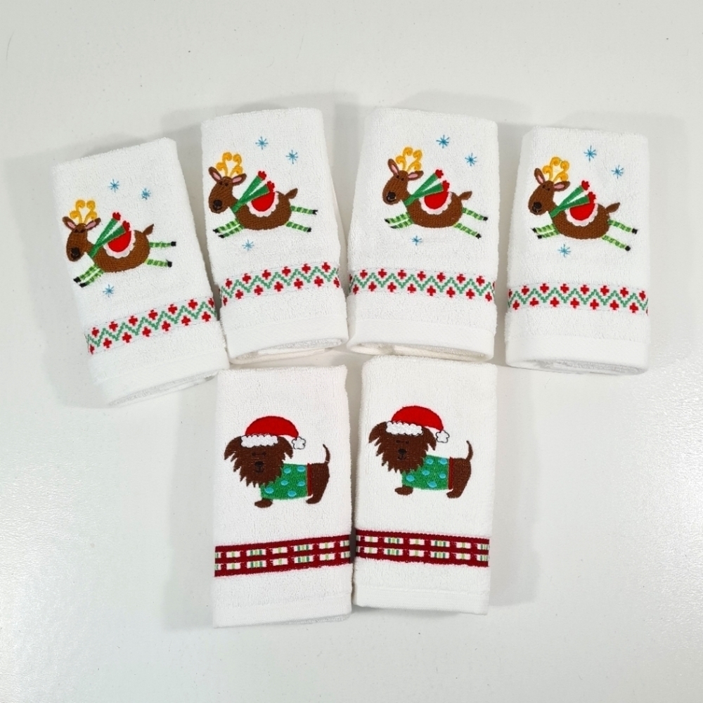 Christmas Reindeer & Santa Pup Finger Tip Kitchen Towels Set of 6 by Dena Home